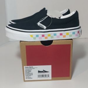 Vans Slip Ons Kids 10.5 Black with Checkerboard